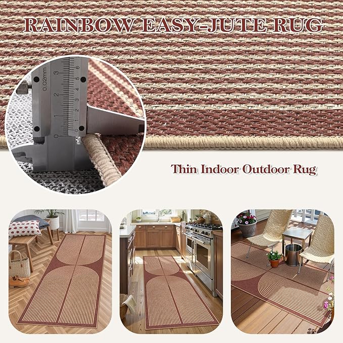 Lahome Modern Rainbow Easy Jute 2x6 Runner Rug, Red Runners for Hallways Non Slip Washable Kitchen Rugs, Farmhouse Stain Resistant Non Shedding Low Pile Indoor Outdoor Carpet for Laundry Entryway
