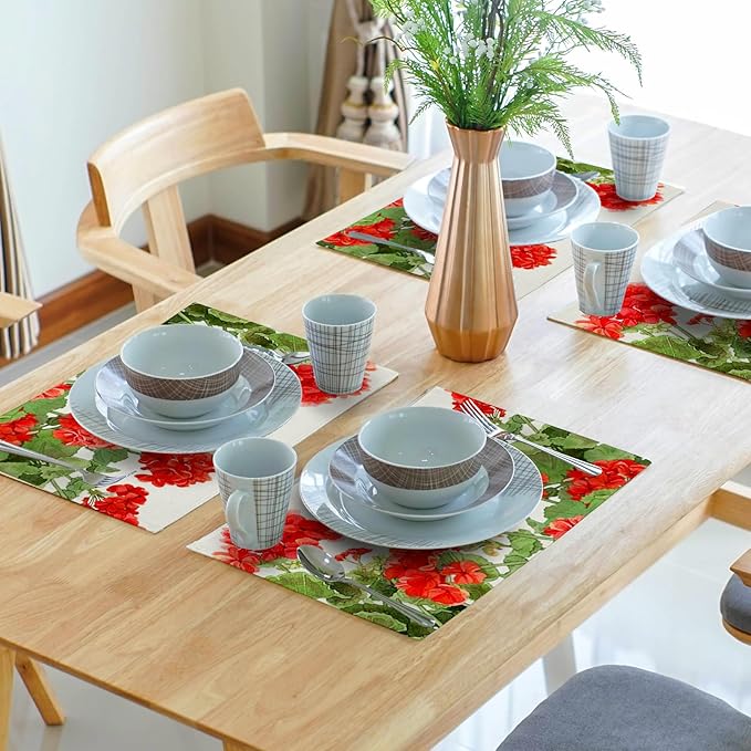 Geranium Placemats 12×18 Inches Set of 4 Spring Summer Floral Seasonal Indoor Kitchen Dining Table Place Mats for Home Party Decoration