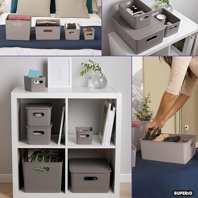 Superio Ribbed Collection - Decorative Plastic Lidded Home Storage Bins Organizer Baskets, Large Taupe (2 Pack - 15 Liter) Stackable Container Box, for Organizing Closet Shelves Drawer Shelf