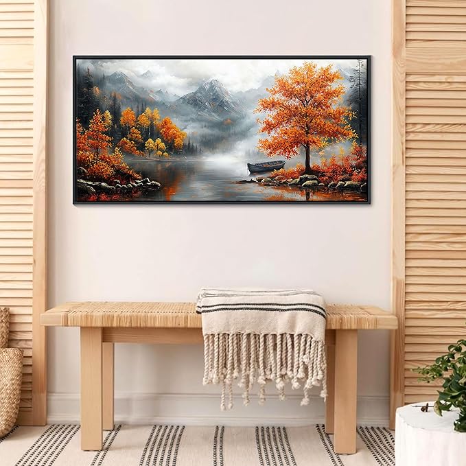 JEAWA Framed Canvas Wall Art - 20x40 IN Landscape Painting Decor Ready to Hang, Majestic Mountain Picture, Orange Trees by the Lake Art Prints for Bedroom Bathroom Home Decoration