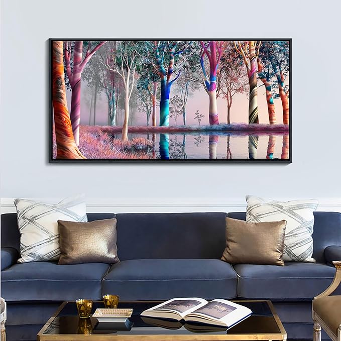 KLAKLA Extra Large Canvas Paintings Wall Art - Fantasy Wooded Wild Lakes Red Pink Room Decor Rainbow Artwork Framed Picture for Living Room Bedroom Decoration