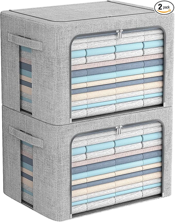 2 Pack Clear Window Storage Bins Stackable Linen Fabric Storage for Clothes Foldable Box Organizer Set with Carrying Handles(Light Gray, 15.7X 11.8X 11.7 Inch)