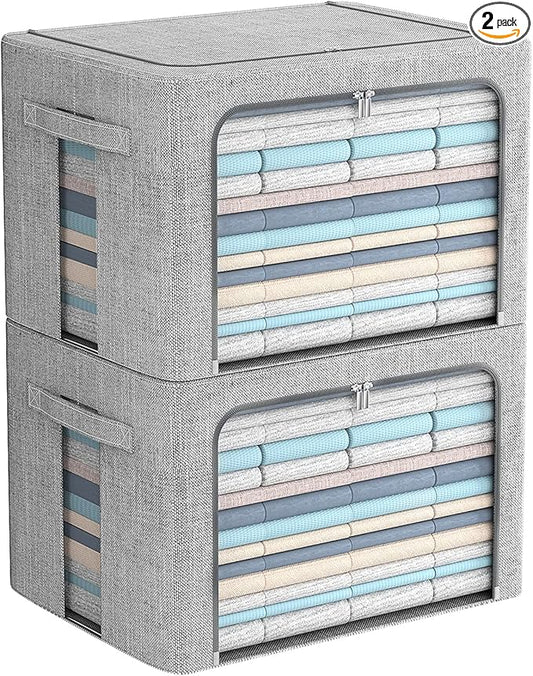 2 Pack Clear Window Storage Bins Stackable Linen Fabric Storage for Clothes Foldable Box Organizer Set with Carrying Handles(Light Gray, 15.7X 11.8X 11.7 Inch)