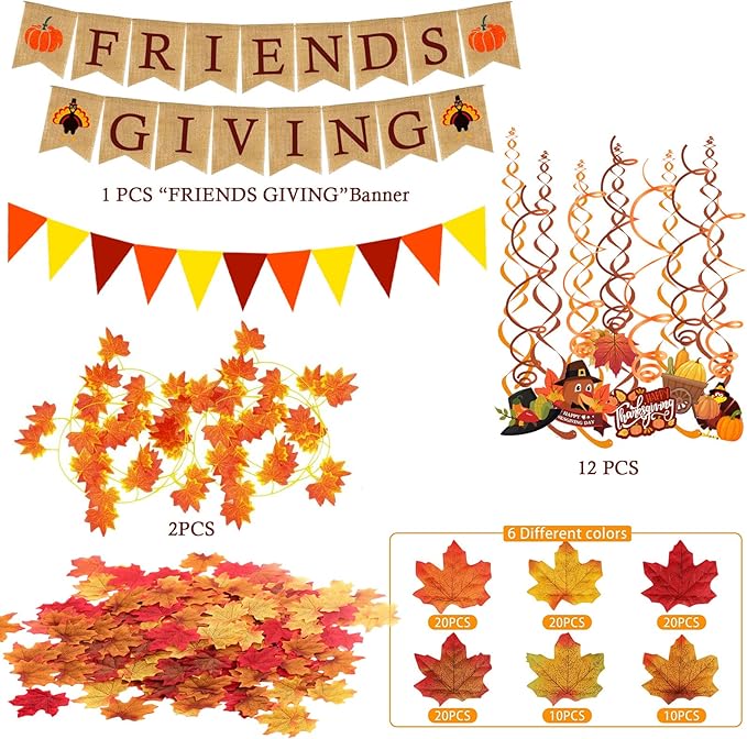 FRIENDSGIVING Burlap Banner Paper Triangular Bunting Maple leaf Garland Plastic Streamer for Thanksgiving Day Party Decoration