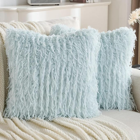 FUTEI Light Blue Decorative Throw Pillow Covers 20x20 Inch Set of 2,Soft Fluffy Faux Feather Texture Cushion Cases,Modern Home Luxury Decor for Couch Bed Living Room