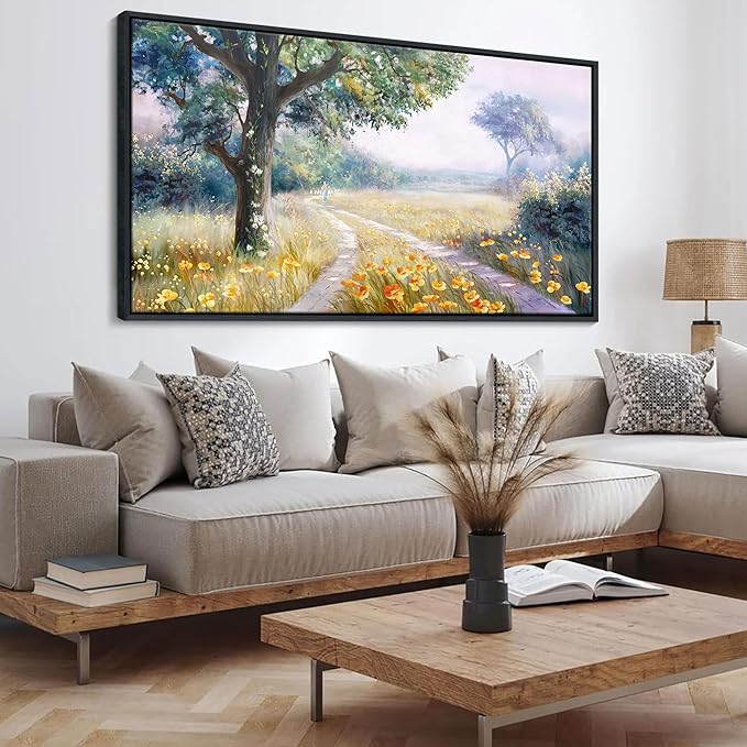 CHATYOUNG Large Framed Wall Art, Retro Countryside Path With Flowers Landscape Wall Pictures, Farmhouse Wall Paintings Art Prints For Living Room Bedroom Bathroom Kitchen Home Decor 29"X58"