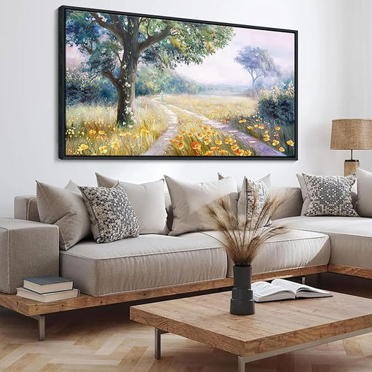 CHATYOUNG Large Framed Wall Art, Retro Countryside Path With Flowers Landscape Wall Pictures, Farmhouse Wall Paintings Art Prints For Living Room Bedroom Bathroom Kitchen Home Decor 29"X58"