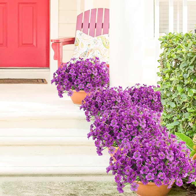 Uieke 72PCS Artificial Flowers for Outdoors UV Resistant Faux Plants Outdoor Fake Flowers for Outside Home Porch Window Box Spring Summer Décor (Purple)