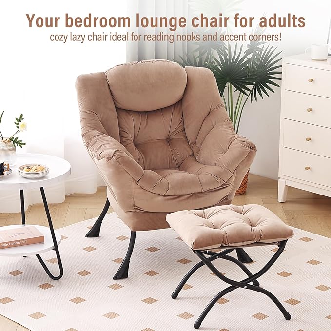 Lazy Chair with Ottoman, Modern Chair with Folding Footrest, Lounge Accent Chair, Comfortable Reading Chair, Oversized Armchairs for Bedroom, Study, Living Room, Courtyard (Khaki)