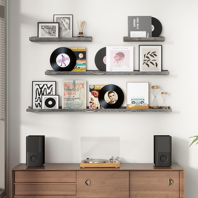 Picture Ledge Wall Shelves 48 Inches Width Set of 3, Solid Pine Wood Rustic Floating Ledge for Kids' Room Bedroom Kitchen Bathroom, Long Floating Shelves for Wall Decor, Grey