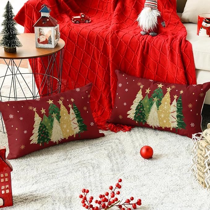 AVOIN colorlife Christmas Trees Star Red Throw Pillow Covers Set of 2, 12 x 20 Inch Snowflake Seasonal Winter Holiday Cushion Case Decoration for Sofa Couch