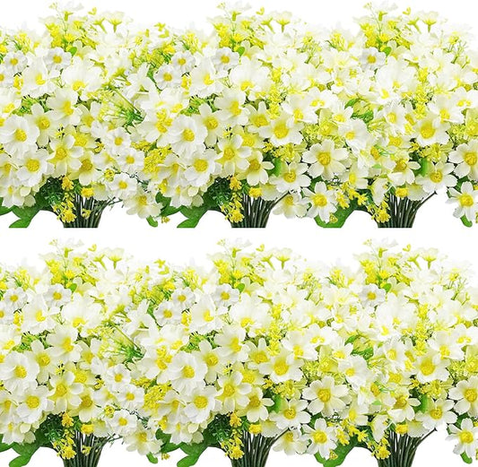 Uieke 12 Bundles Artificial Fake Flowers Outdoors UV Resistant Faux Daisy Mums Silk Flowers Bulk No Fade Shrubs Plants for Indoor Outside Home Wedding DIY Garden Porch Summer Décor (White)