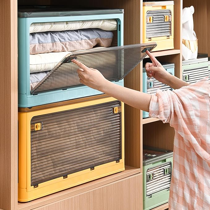 50 Liters Stackable Storage Bins, Closet Organizers with Lid, Wheels, Drawers, Foldable Collapsible Box for Clothes and Camping Out Doors Bins, Green