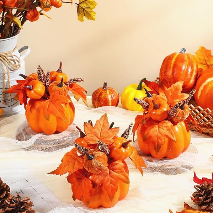 Janinka 3 Set Fall Artificial Pumpkins Fake Pumpkin Centerpiece Decor Autumn Floral Stems Thanksgiving Decorations Acorn Pine Cone Maple Leaves Fall for Harvest Decor