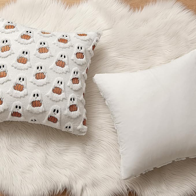 MIULEE Halloween Pillow Covers Decorative Fall Cute Ghost Plush Faux Fur Pillows 20x20 Inch Set of 2 Soft Pumpkin Accents for Sofa Couch Bed Living Room Festive Home Decor, White Rust