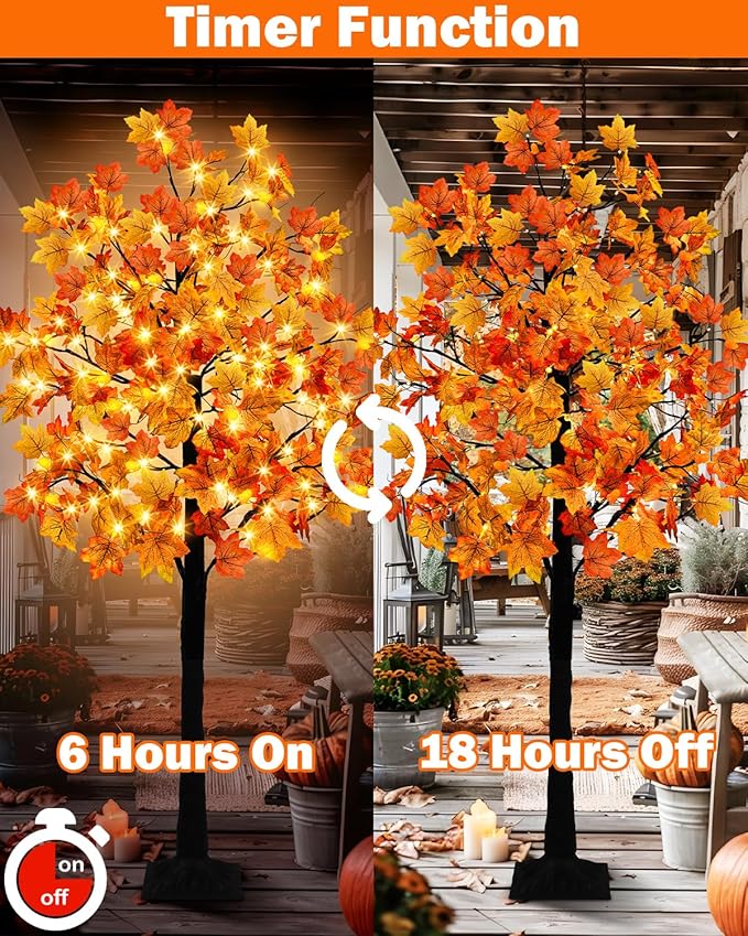 Agusbagli 7FT 128LED Lighted Maple Tree Thanksgiving Decorations with Timer 8 Modes Dimmable Artificial Fall Light Up Tree with 256 Leaves 32 Acorns for Harvest Indoor Outdoor Decor
