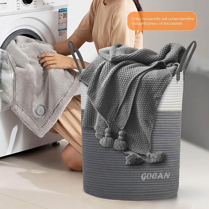 large tall sturdier Laundry Hamper Basket Woven Storage Baskets for clothes Pillows Blanket Toy in living or bed room decoration H50XD38cm grey/beige