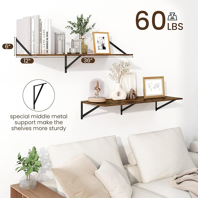 Fun Memories Floating Shelves for Wall, 12 Inch Deep Floating Shelves Set of 2, 36W x 12D Large Wall Shelf with Sturdy Metal Brackets for Living Room, Bathroom, Bedroom and Kitchen, Rustic Brown