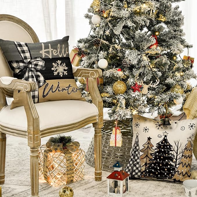AVOIN colorlife Merry Christmas Joy Xmas Trees Brown Throw Pillow Covers, 18 x 18 Inch Christmas Winter Holiday Cushion Case Decoration for Sofa Couch Set of 4