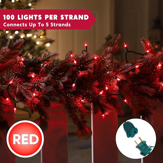 Joiedomi Red Christmas String Lights,100 Count 21.4FT Christmas Fairy Tree Lights Plug in for Indoor Outdoor Valentine's Day Xmas Decorations Patio Holiday Theme Party Yard House,Green Wire