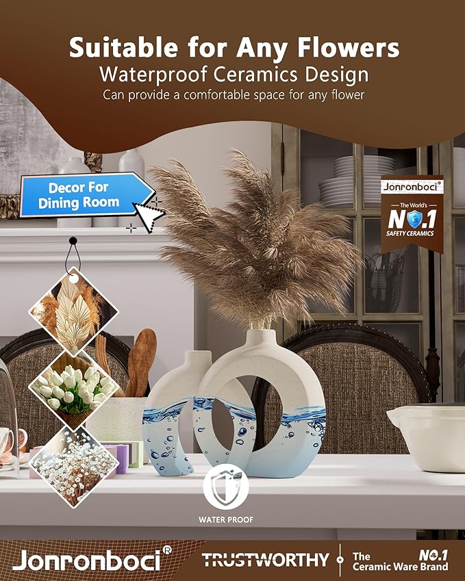 Beige Donut Vases for Decor, Set of 2 Modern Boho Decorative Ceramic Vase 7.2”x 8.9”H - Dining & Coffee Table Centerpiece - Bookshelf Entryway Console Fireplace Mantle Decorations (Matte Cream White)