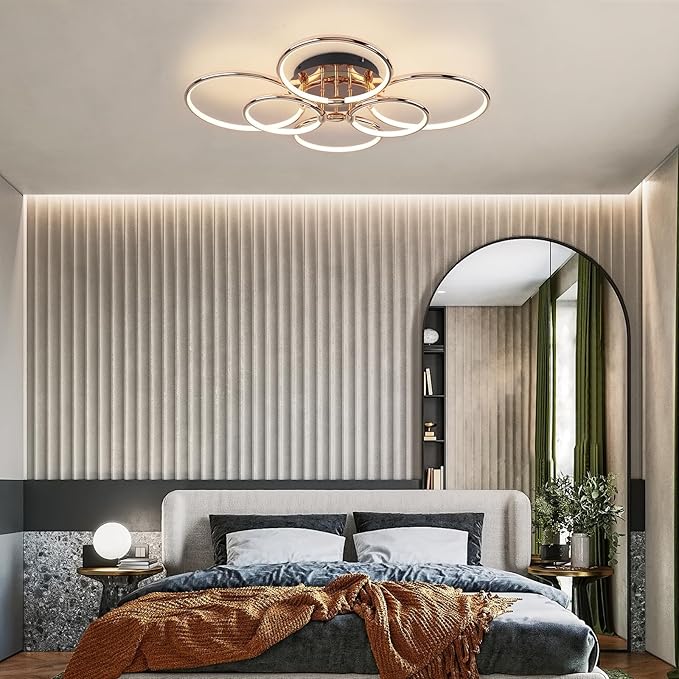 Modern Ceiling Lights, 6 Rings Dimmable Gold LED Ceiling Light Fixtures with Remote Control, 56W Close to Ceiling Lighting for Living Room, Bedroom, Dining Room