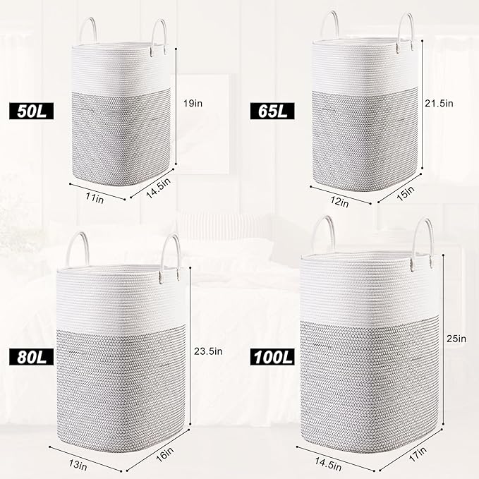 Woven Laundry Basket for Clothes, 50 L Large Rectangle Laundry Hampers with Beads Tassel, Nursery Storage Basket for Toys, Tall Dirty Clothes Hamper for Bedroom Aesthetic, Laundry Room Organization