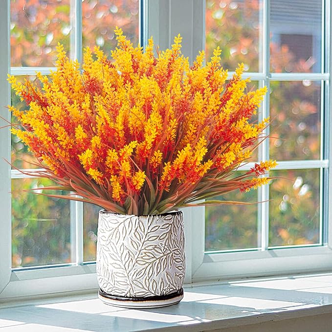 20 Bundles Artificial Plants Outdoor Fake Monkey Grass with Flowers (Fall Red)