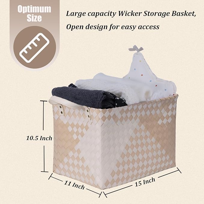 BROWNLILY Handwoven Clothes Basket Laundry Hampers Large Wicker Storage Baskets for Shelves Blankets Closet Storage Bins Car Bedroom Bathroom Organizers and Storage (Pack of 4, Khaki & Ivory White)