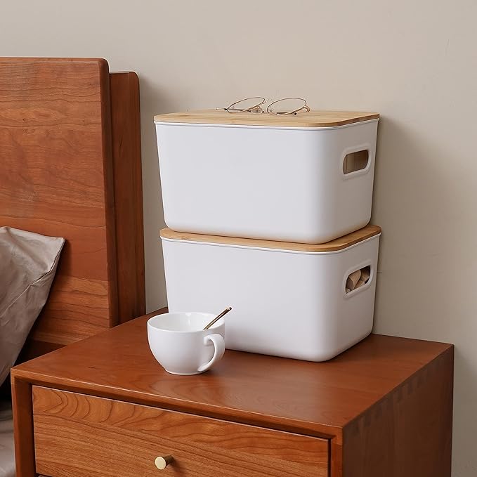 Citylife 4 PCS Storage Bins with Bamboo Lids Plastic Storage Containers for Organizing Stackable Storage Box with Handle, 10.23 x 7.08 x 6.3 inch