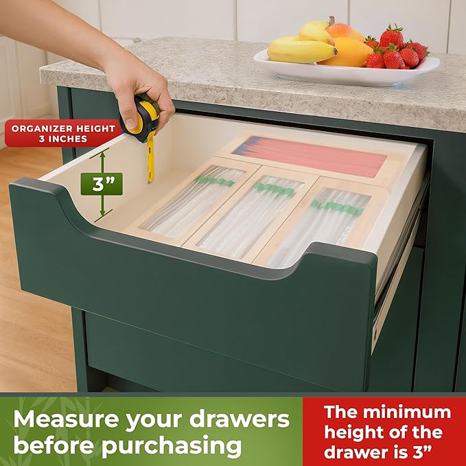 Storage Bag Organizer, Bamboo Baggie Organizer for Drawer, 4 Modular Blocks with Labels, Plastic Bag Storage Organizer, Quick Refill, Compatible with Gallon, Quart, Sandwich, Snack size bags