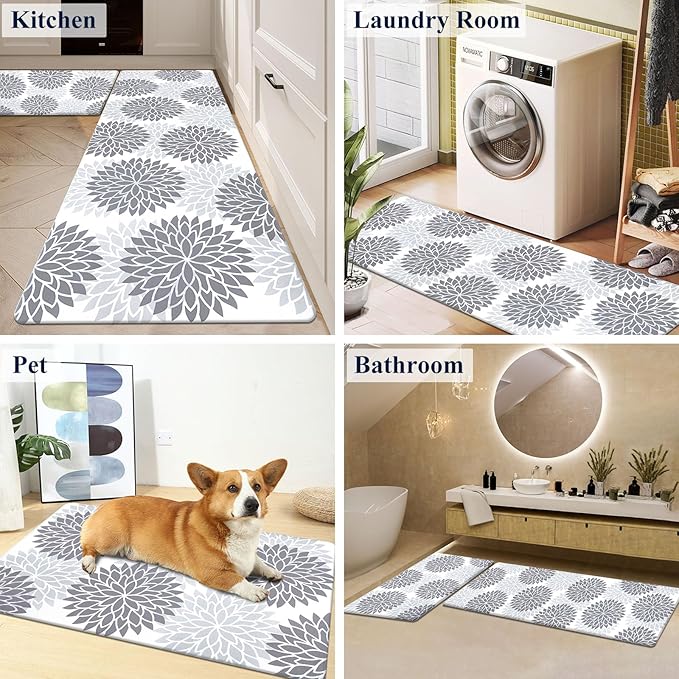 HEBE Anti Fatigue Kitchen Rug Sets 2 Piece Non Slip Kitchen Mats for Floor Cushioned Kitchen Rugs and Mats Waterproof Comfort Standing Mat Runner for Kitchen,Home Office,Sink,Laundry
