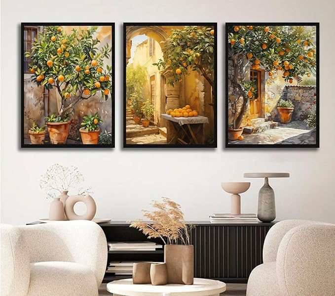 3 Pcs Vintage Citrus Wall Art Country Farmhouse Scenery Canvas Wrap Gallery Poster Artwork Mediterranean Style Pictures for Living Room Kitchen Bedroom Farmhouse or Dining Room 16x24 Inch