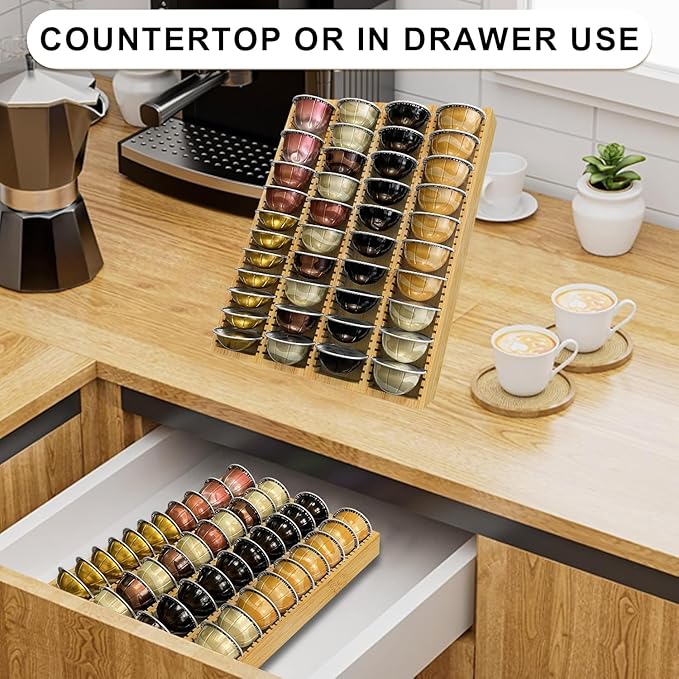 Bamboo Coffee Pod Storage Holder for Drawer Coffee Pods Organizer for Counter, Compatible with Capsules for Kitchen Coffee Station (Bamboo)