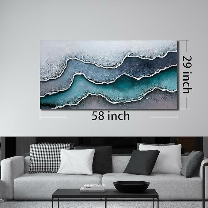 Blue and White Beach Hand Painted Wall Art for Bedroom Modern Art Wall Decor for Office Big Canvas Wall Decor for Bedroom Size 29 x 58 Inch