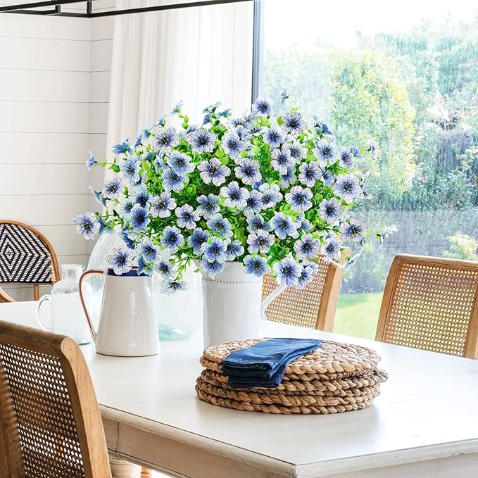 Agusbagli 10 Bundles Artificial Flowers Outdoor UV Resistant Fake Flowers No Fade Faux Plastic Greenery Shrub Plants for Wedding Home Garden Window Box Fireplace Thanksgiving Christmas Decor, Blue