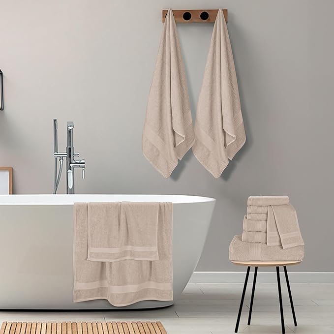 GLAMBURG Ultra Soft 24-Piece Towel Set - 100% Pure Ringspun Cotton, Contains 8 Oversized Bath Towels 27x54, 8 Hand Towels 16x28, 8 Wash Cloths 13x13 - Ideal for Everyday use, Hotel & Spa - Tan