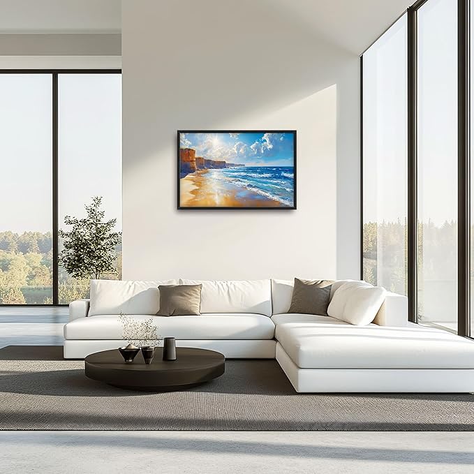 Coastal Beach Large Wall Art for Living Room, Ocean Sun Oversized Wall Decor Pictures, Seaside Framed Canvas Print Painting, Modern Artwork for Bedroom Office Home Decor 36"x24"