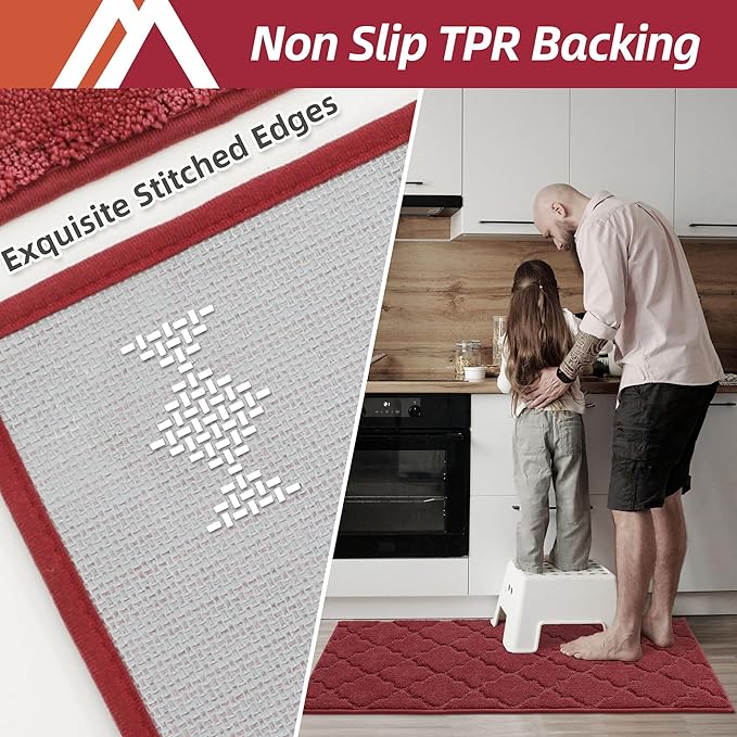 COSY HOMEER Soft Kitchen Floor Mats for in Front of Sink Super Absorbent Kitchen Rugs and Mats 20"x79" Non-Skid Kitchen Mat Standing Mat Washable,Polyester,Red