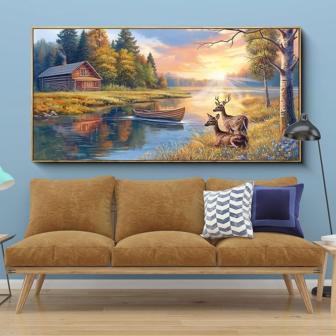 KLAKLA Large Deer Wall Art for Living Room Canvas Prints Decor Decoration Country Tractor Rustic Wildlife Artwork Ready to Hang for Bedroom Home Office Black Framed Wall Art