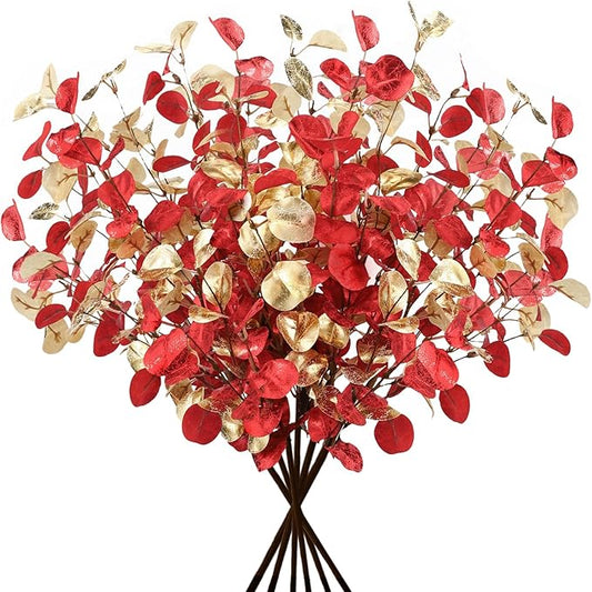 27.6’’ Christmas Artificial Flowers 6Pcs Red Gold Xmas Eucalyptus Stems for Table Centerpieces Faux Eucalyptus Leaves Branches for Christmas Floral Arrangements Home Farmhouse Party Decoration