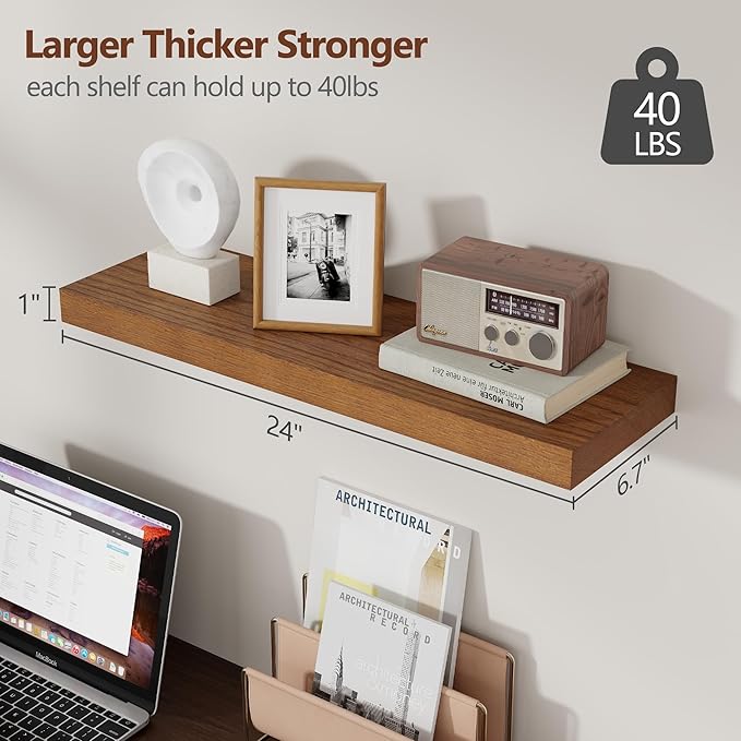 24 Inch Floating Shelves Set of 2, Rustic Solid Wood Wall Mounted Shelves for Decor & Storage, Dark Walnut Shelves for Bedroom Kitchen Living Room - Dark Walnut