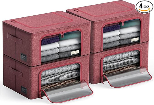 Sorbus Storage Bins with Metal Frame - Stackable & Foldable Clothes Organizer Bags - Oxford Fabric Storage Containers with Large Clear Window & Carry Handles, Bedroom Organization for Bedding & Linen
