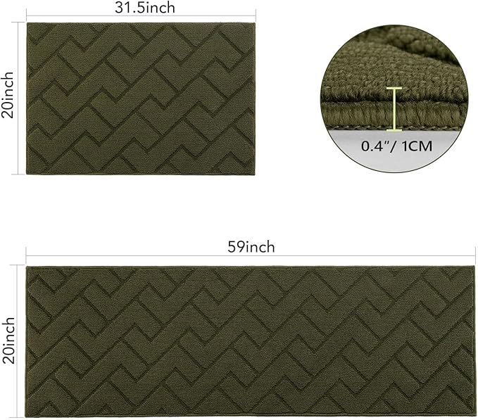 hicorfe Kitchen Rugs and Mats Sets,2 Pieces Super Absorbent Polypropylene Non-Slip Rug,Soft Comfort Floor Mat,Washable for Kitchen,Hallway,Office,Sink,Laundry(20" x 31.5" Plus 20" x 59",Oliver Green)