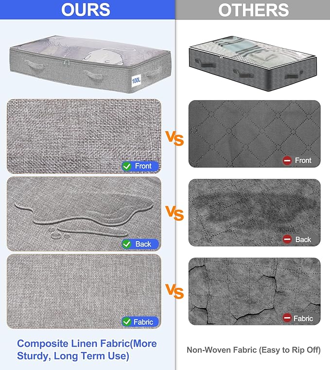 punemi Under Bed Storage Containers (Soft-Sided) - 8-Pack, 100L Extra Large, Zippered Flat Storage Bins for Blankets, Winter Clothing & Shoes - Thick Fabric, 40x20x7.5 Inches, Grey