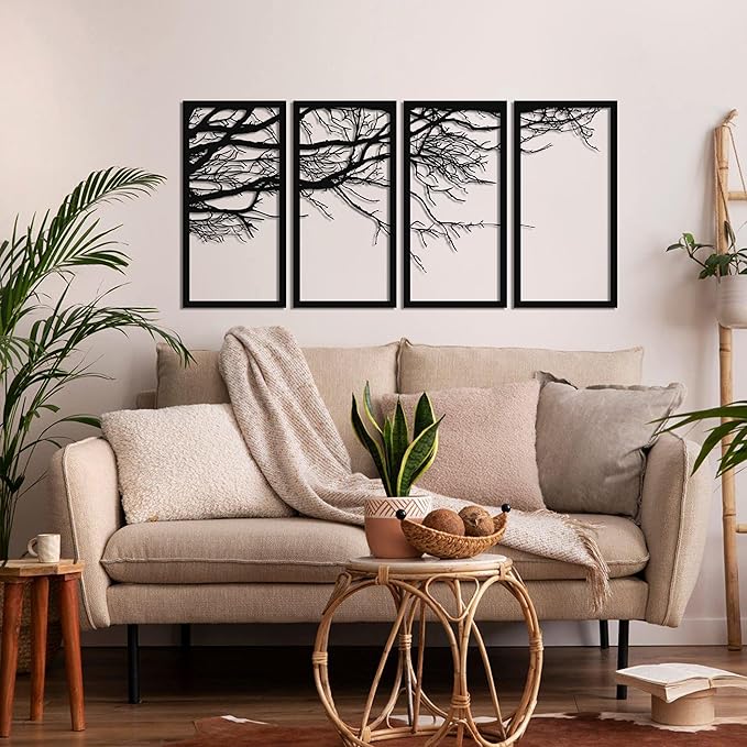 DEKADRON Metal Wall Art, Tree of Life 4 Pieces, Metal Tree Wall Art, Tree Sign, Metal Wall Décor, Interior Decoration, Housewarming Gift, 4 Panels Wall Hangings (69" W x 35" H / 175x88 cm)