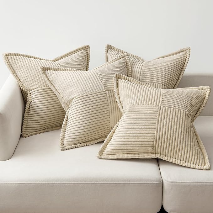 MIULEE Beige Throw Pillow Covers 16x16 Inch 4 Packs Soft Boho Decorative Pillow Cases Accent Farmhouse Corduroy Patchwork Cushion Cases with Invisible Zipper for Couch Sofa Bed Home Decor