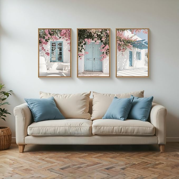 HOURIA Greek Island Street Framed Canvas Wall Art Set,Santorini Blue Doors Shutters Wall Decor,Coastal White House Pink Flower Artwork,European Cityscape Art Prints for Living Room, Bedroom-16 x24 x3