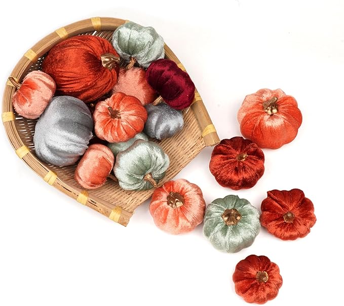 18 Pcs Velvet Pumpkins, Fake Assorted Velvet Pumpkins Harvest Festival Thanksgiving Halloween Decor, Autumn Table Centerpiece Decoration (Assorted Colors-Velvet)