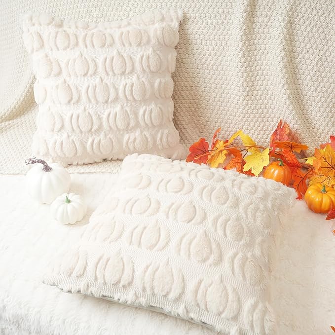 GEEORY Fall Pumpkin Throw Pillow Covers 20x20 Inch Set of 2, Autumn Soft Plush Faux Fur Wool Decorative Farmhouse Holiday Cushion Case for Home Decoration (Beige) GC002-20
